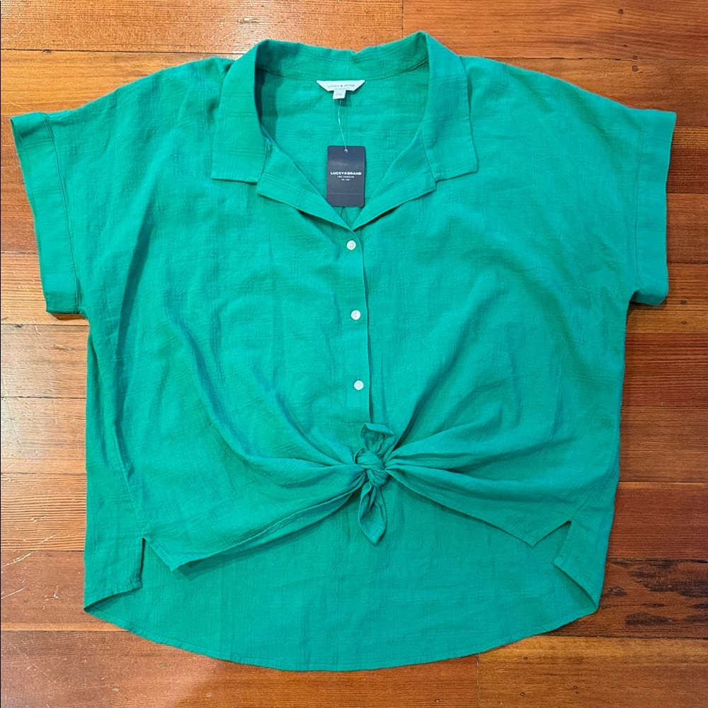 Lucky Brand Emerald Green Button-Front Tie Shirt